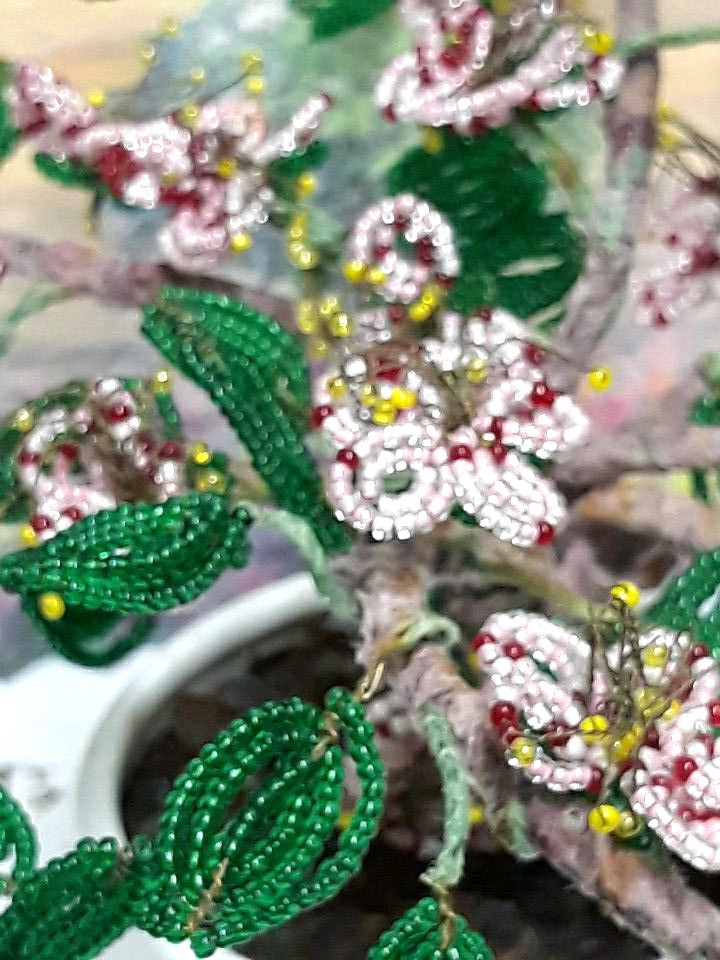 Vintage Crafted Seed Bead Cherry Blossom Bonsai Tree Arrangement in Ceramic Pot