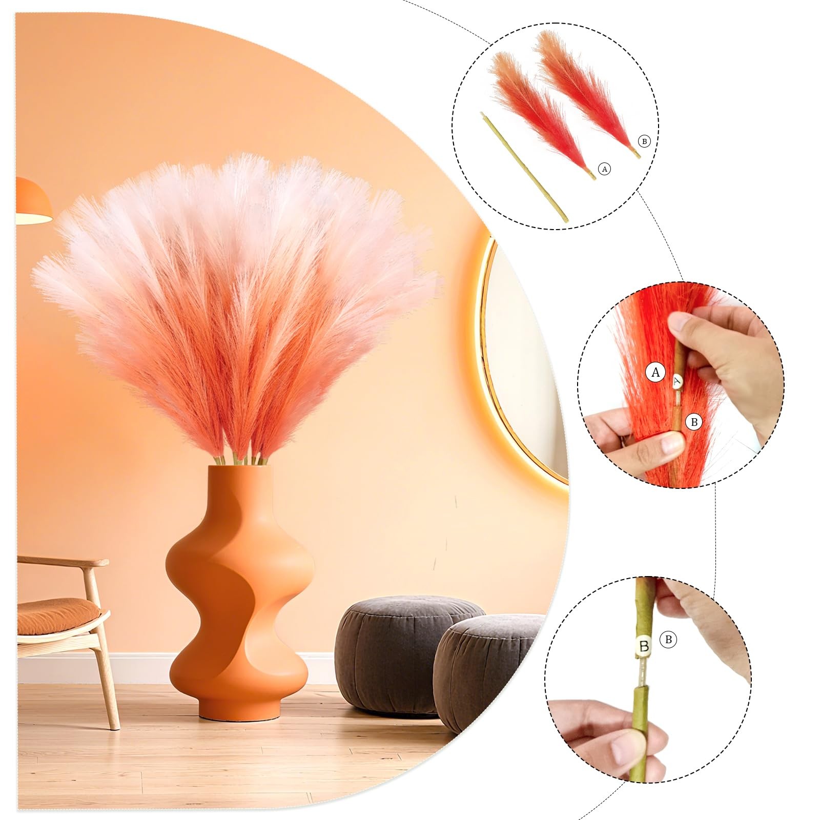 8Pcs Orange Faux Pampas Grass Tall Decor, 35.4” Fluffy Artificial Pompous Gra…