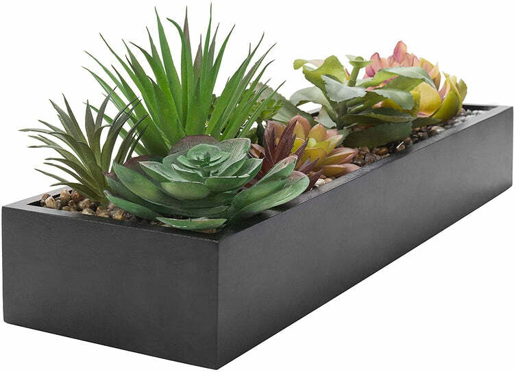 Artificial Assorted Succulent Arrangement in Rectangular Black Wood Planter Box
