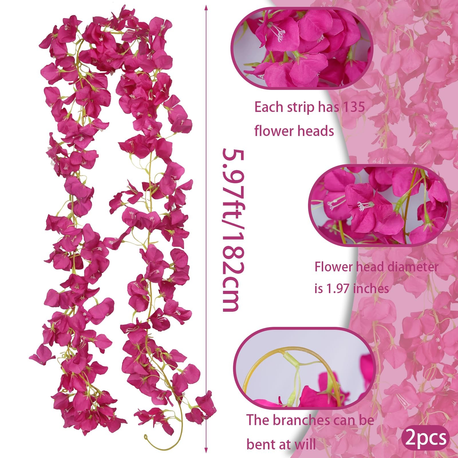 2 Pcs Artificial Bougainvillea Flowers Garland Fake Silk Bougainvilleas Vines…