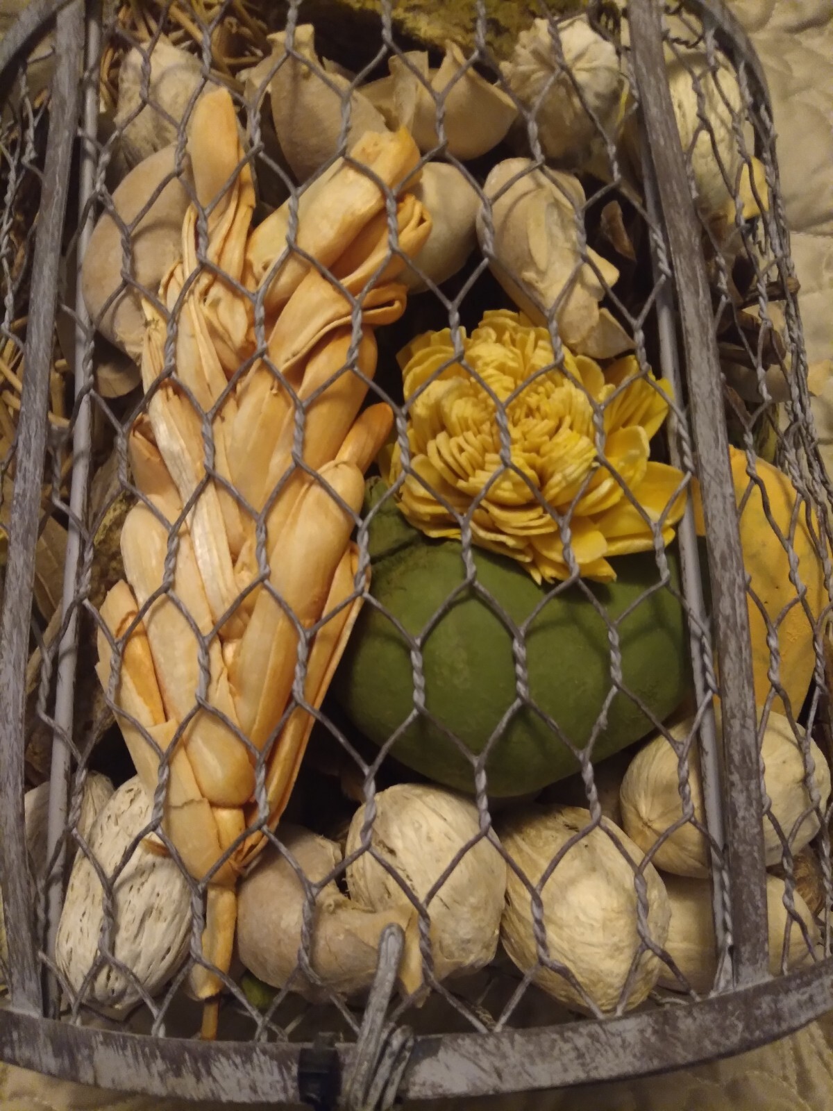 Bird Cage Filled With Gourds, Nuts, Pinecones, Dried Fruit, Twin Balls, Flowers