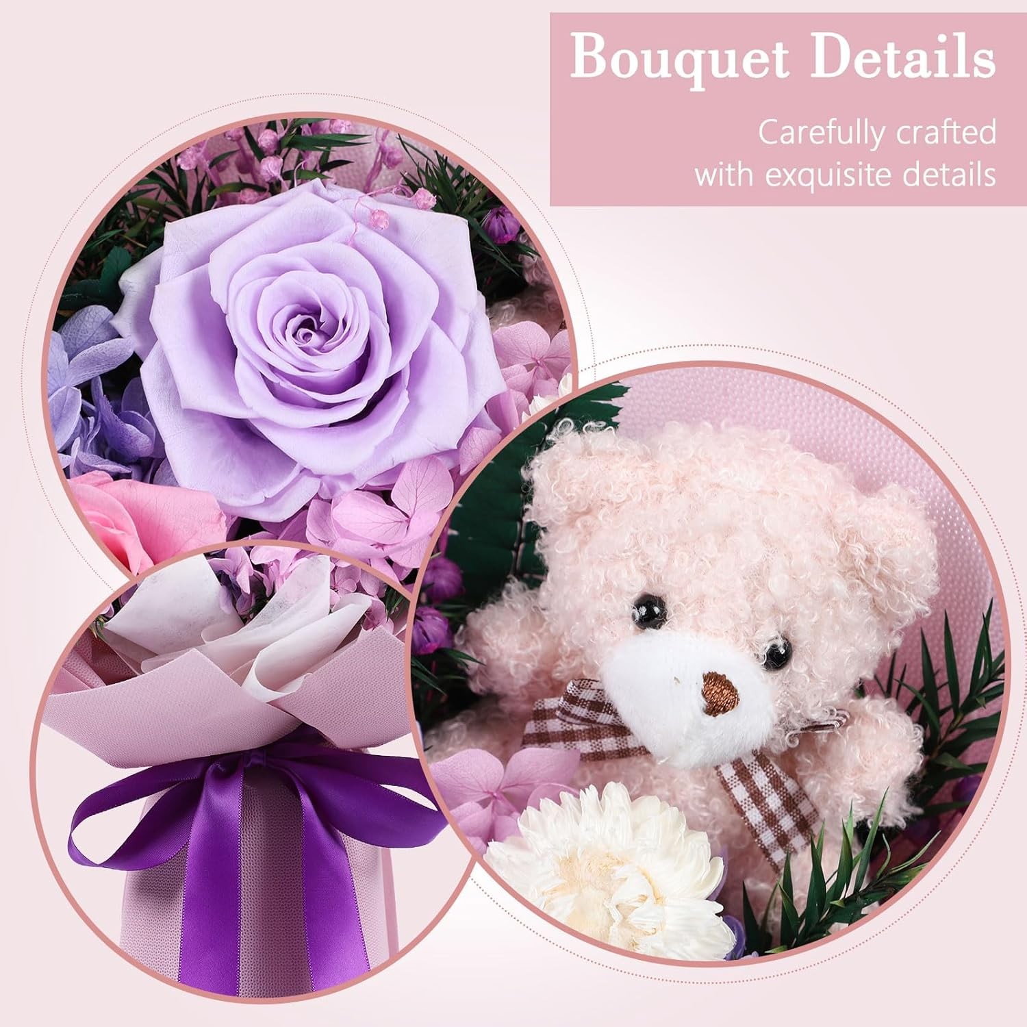 mapleway Preserved Flowers Bouquet with Bear, Long-Lasting Eteranl Flowers for D
