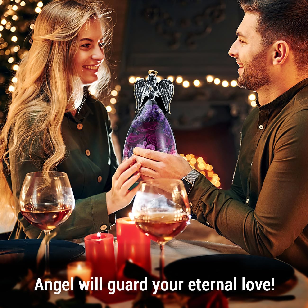 Preserved Rose Glass Angel Figurines Gifts for Mom Grandma, Purple
