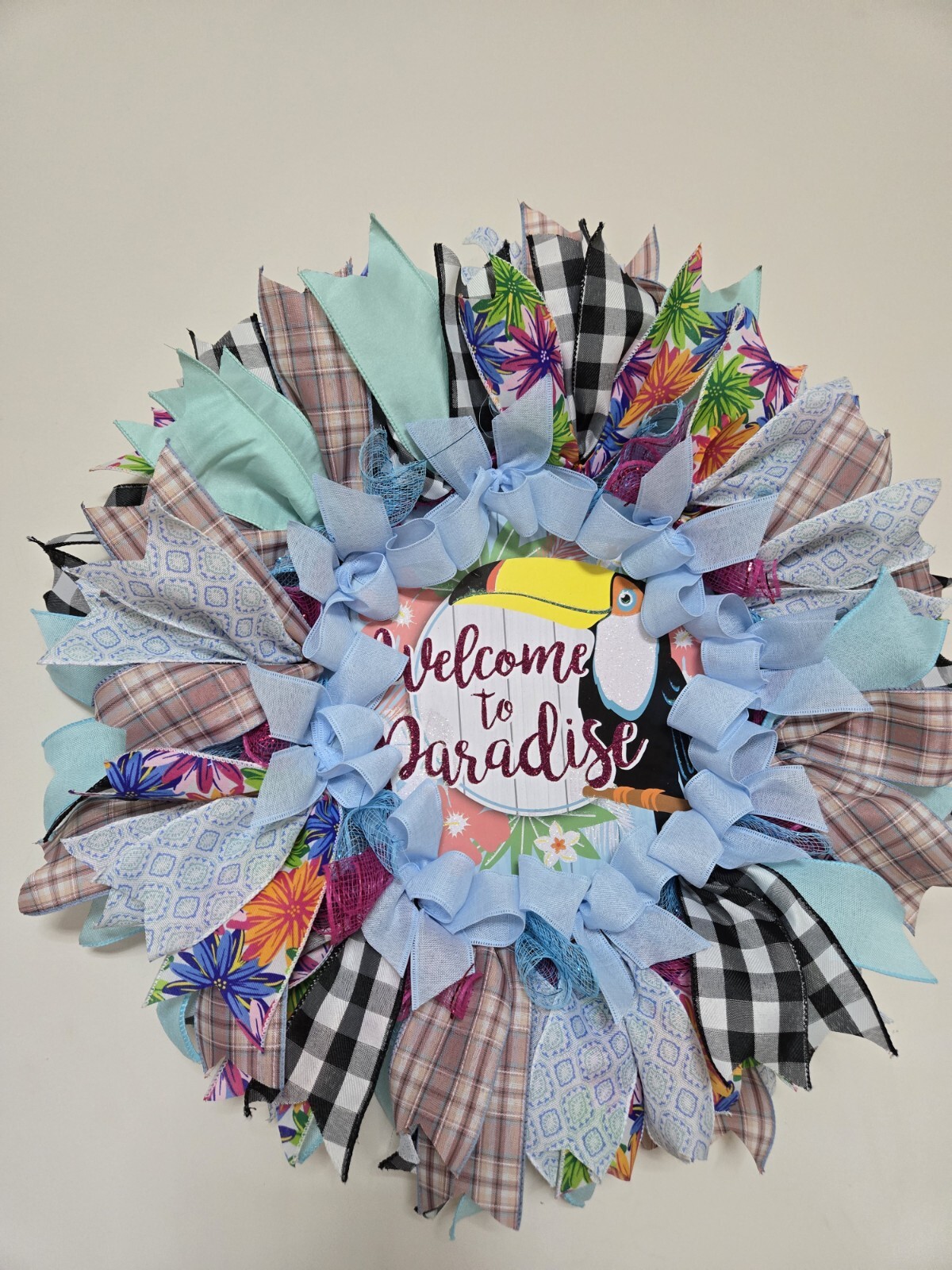 WELCOME TO PARADISE WREATH Spring SUMMER Fall Front Door Wall Decor BIG bird