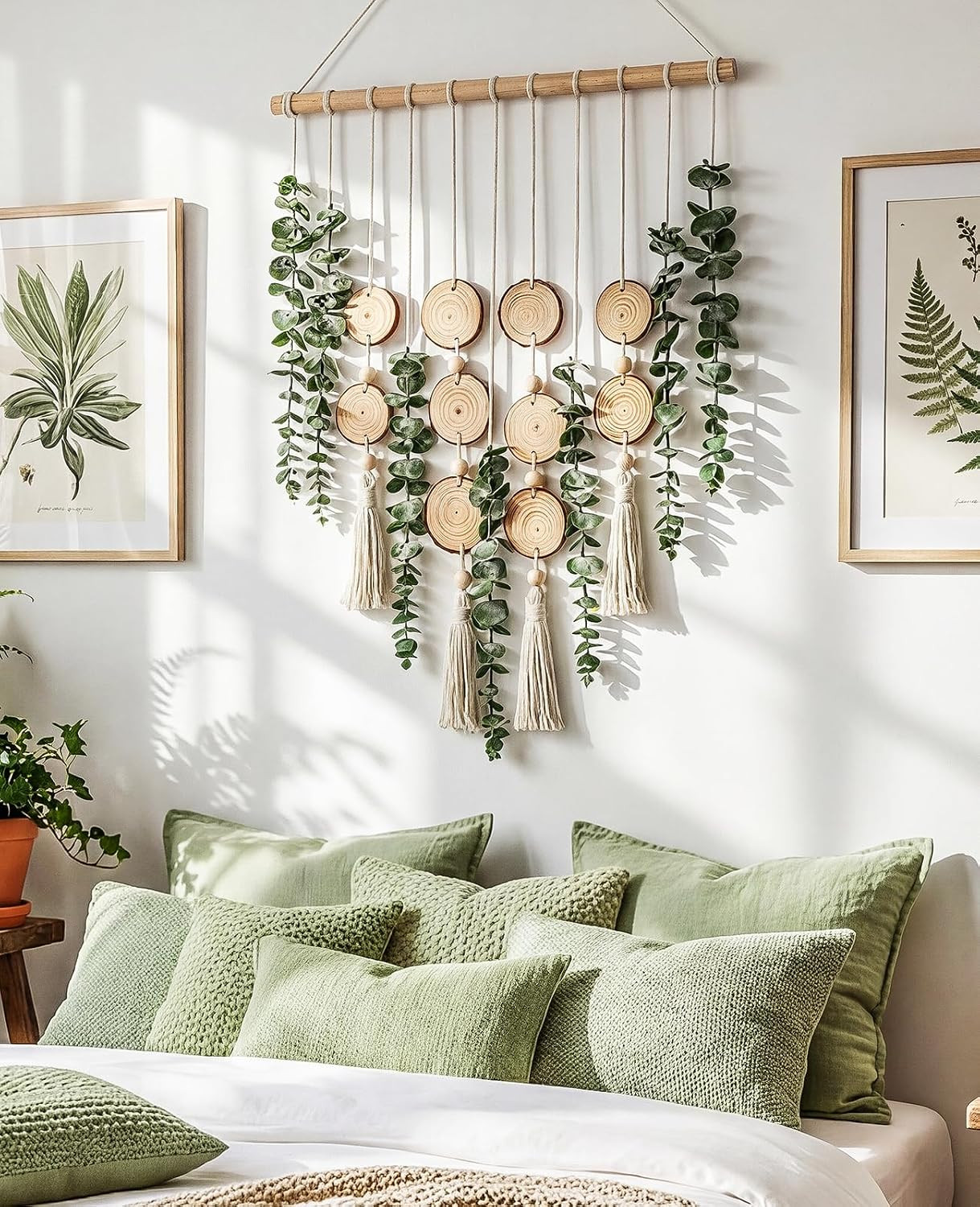 Artificial Eucalyptus Wall Hanging, Fake Greenery Leaves Stems with Wood Slices