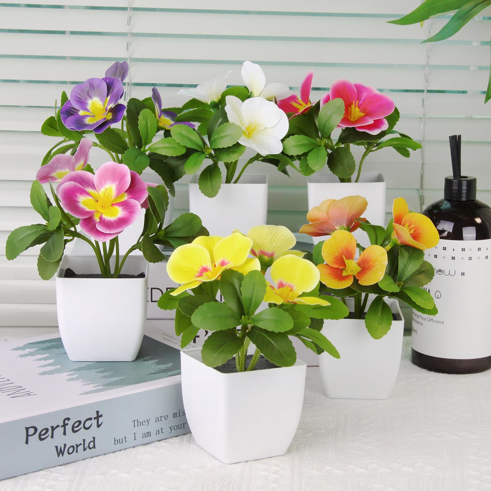 6 Pack Artificial Pansy Flowers In Pots 5.9 Inch Mini Fake Potted Plants