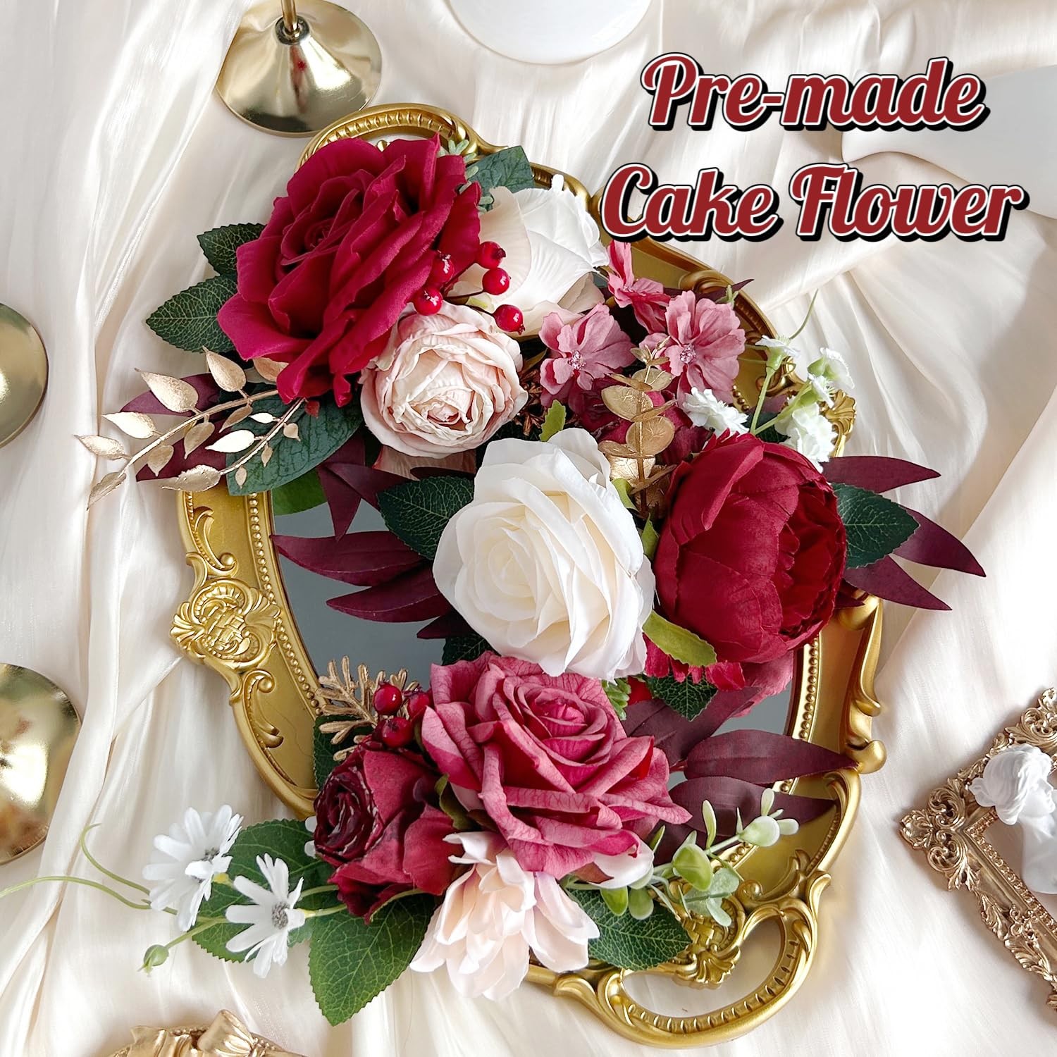 Burgundy Gold Silk Flowers For Cakes Dark Red Artificial Rose Peony Toppers