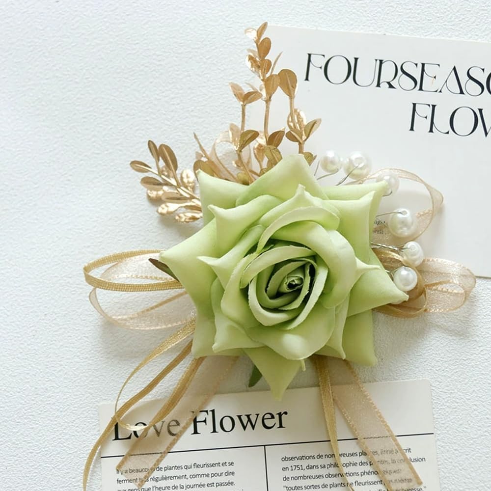 2 PCS Light Green Wrist Corsage Boutonniere Set Artificial Flowers Prom Wed