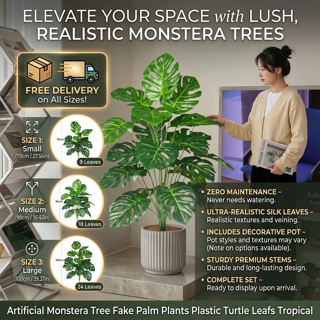 70-100cm Artificial Monstera Tree Fake Palm Plants Plastic Turtle Leafs Tropical