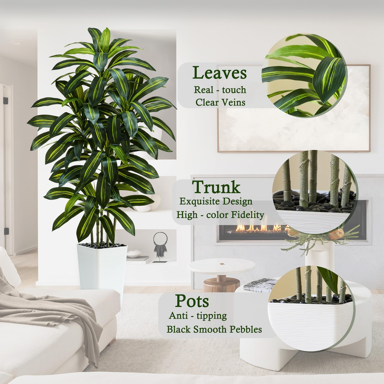 TNGGNT Artificial Dracaena Tree：5FT Faux Silk 5FT, Dark Green – White Pot
