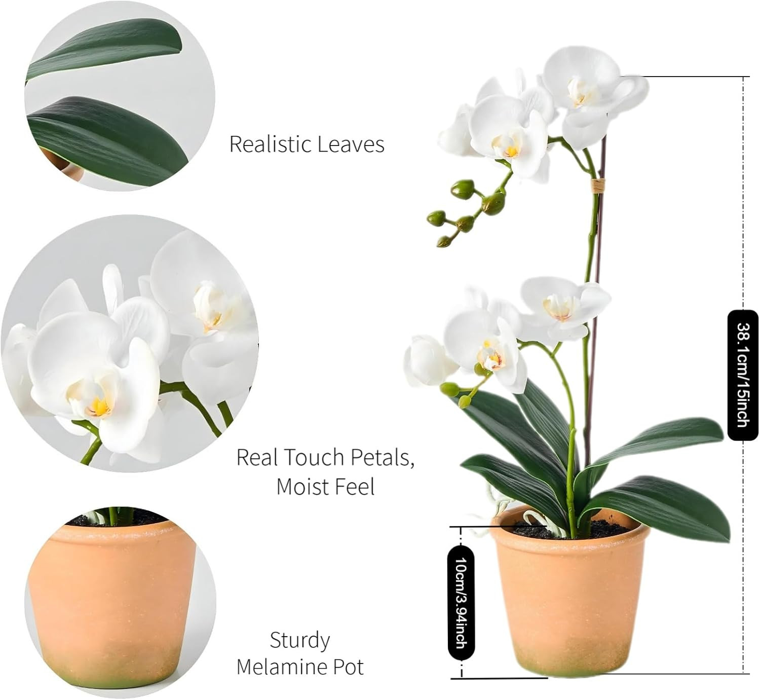 Artificial Real Touch Orchid Plant – 15″ Faux Phalaenopsis in Pot – Highly Reali