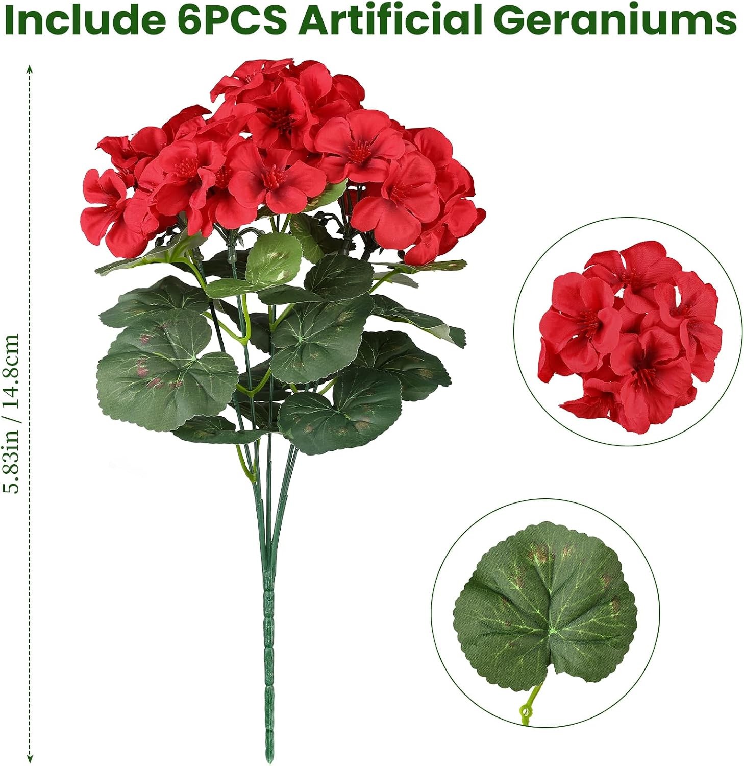 6 Bundles Red Geraniums Silk, Artificial Outdoor Planter Decor