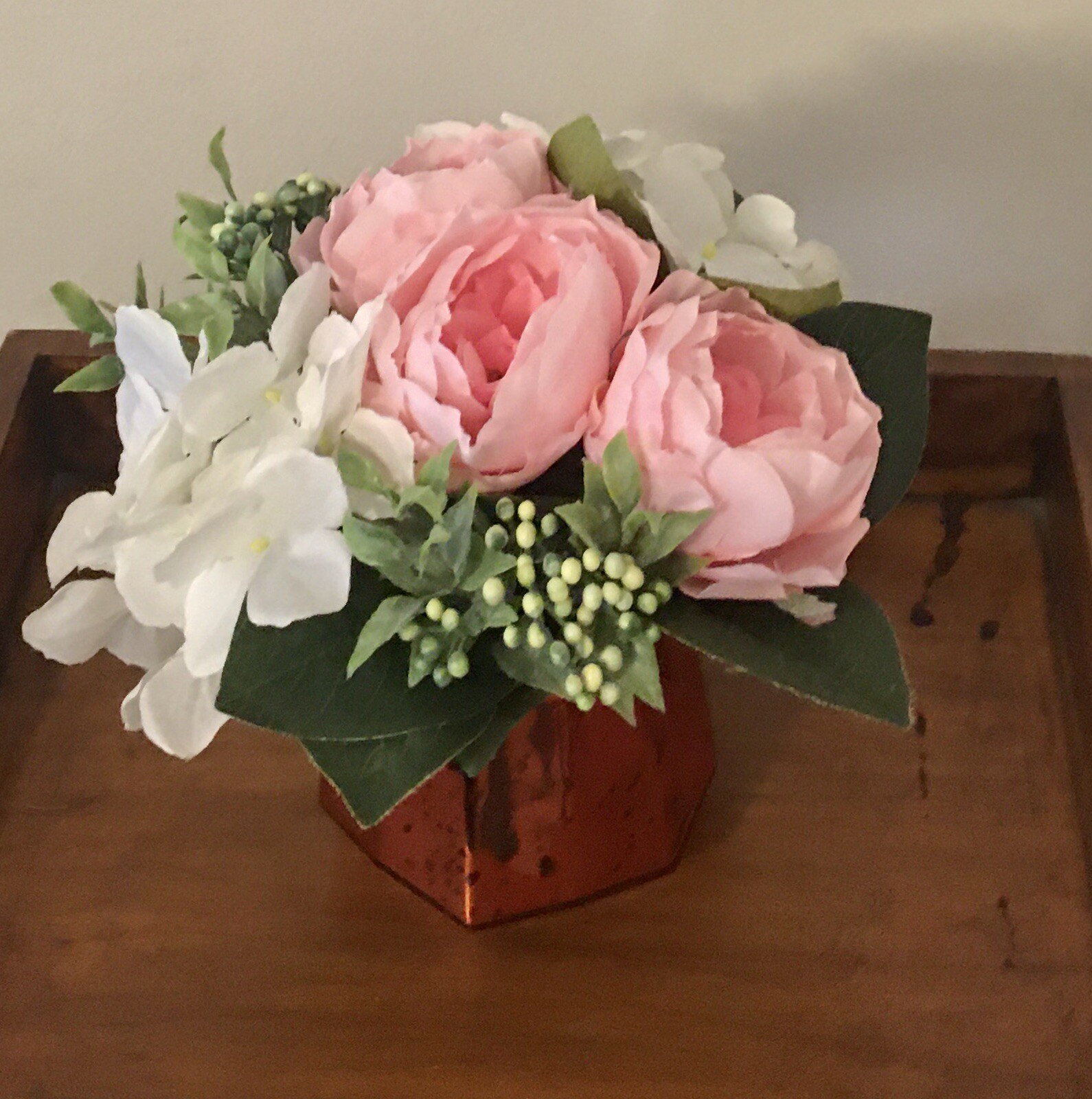Floral Arrangement with Dahlia Hydrangea Berries in Bronze Glass Vase Handmade