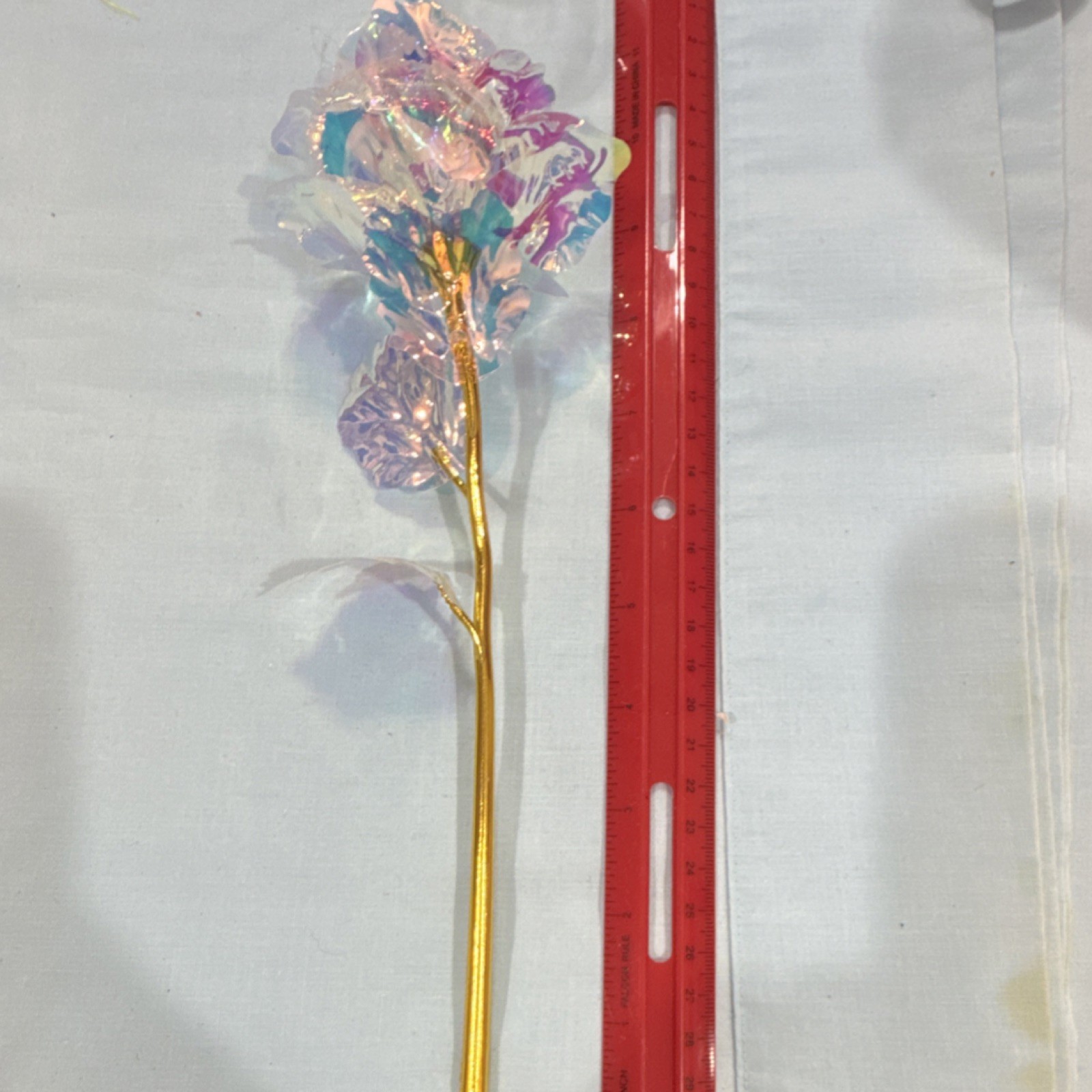 24K Gold Artificial Rose Flower Stem Iridescent Plastic Metal Floral Decor