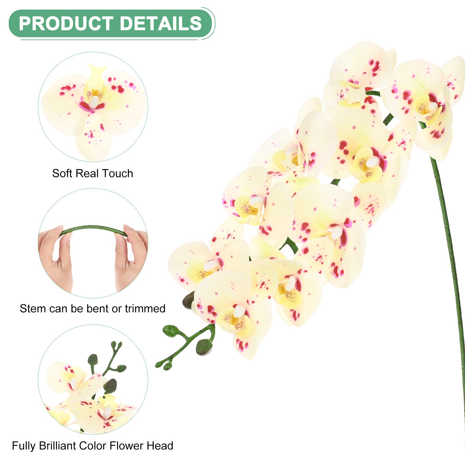 3-Pack Artificial Orchid Flowers 9 Large Petals for Home[Spotted Yellow Green]