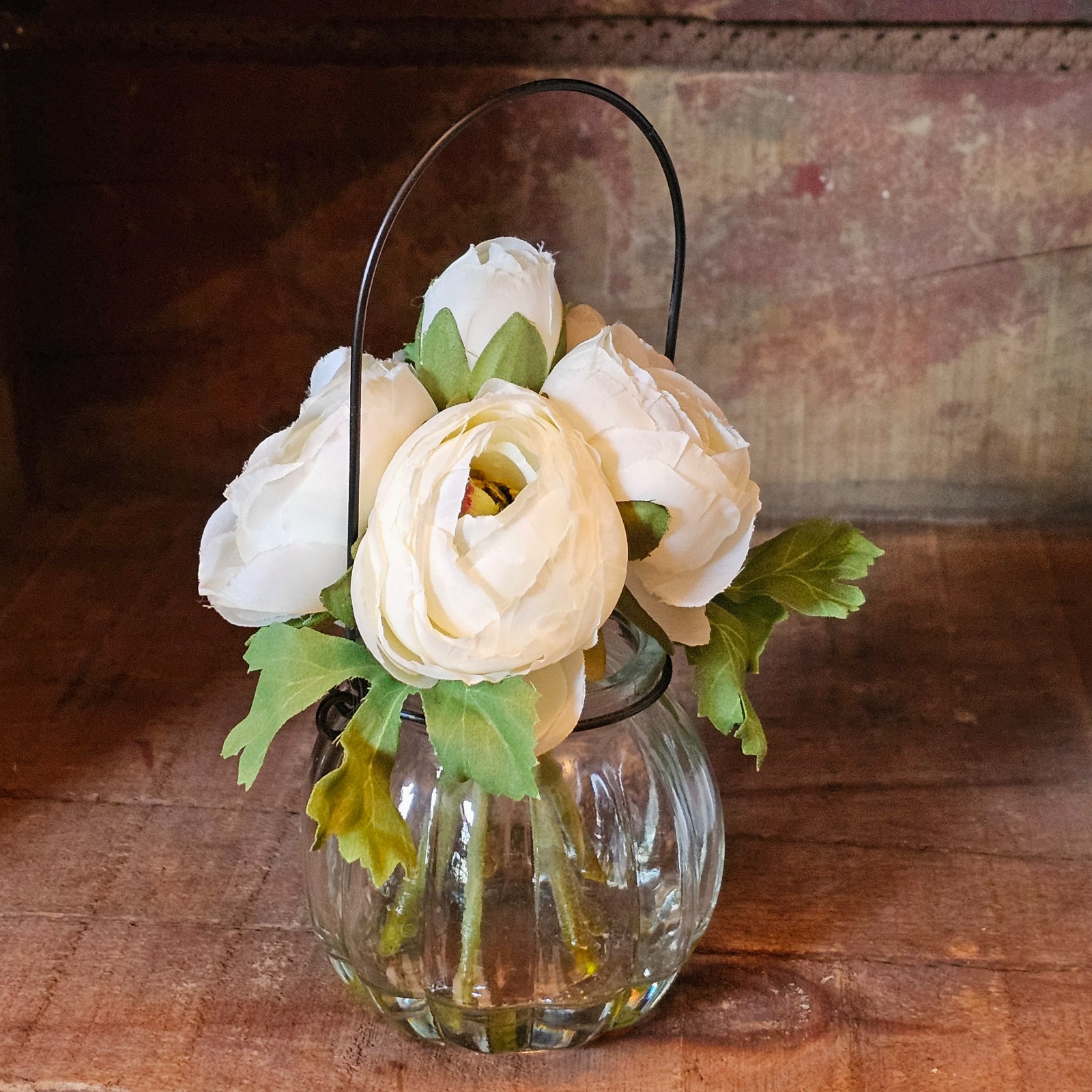 White Ranunculus in a Vase with fake water, Spring Tabletop Decor, Artificial