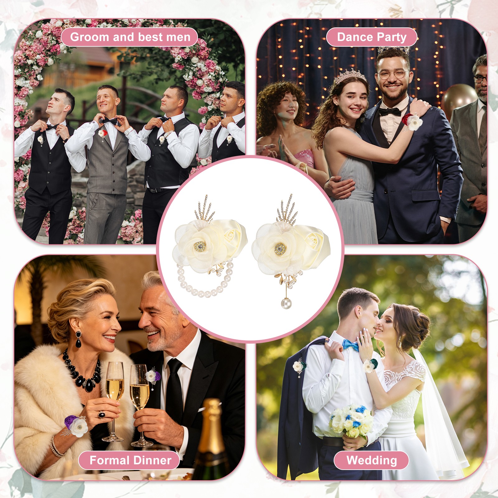 2 Sets Wrist Corsage and Boutonnieres Set for Wedding Groom Bride, Cream