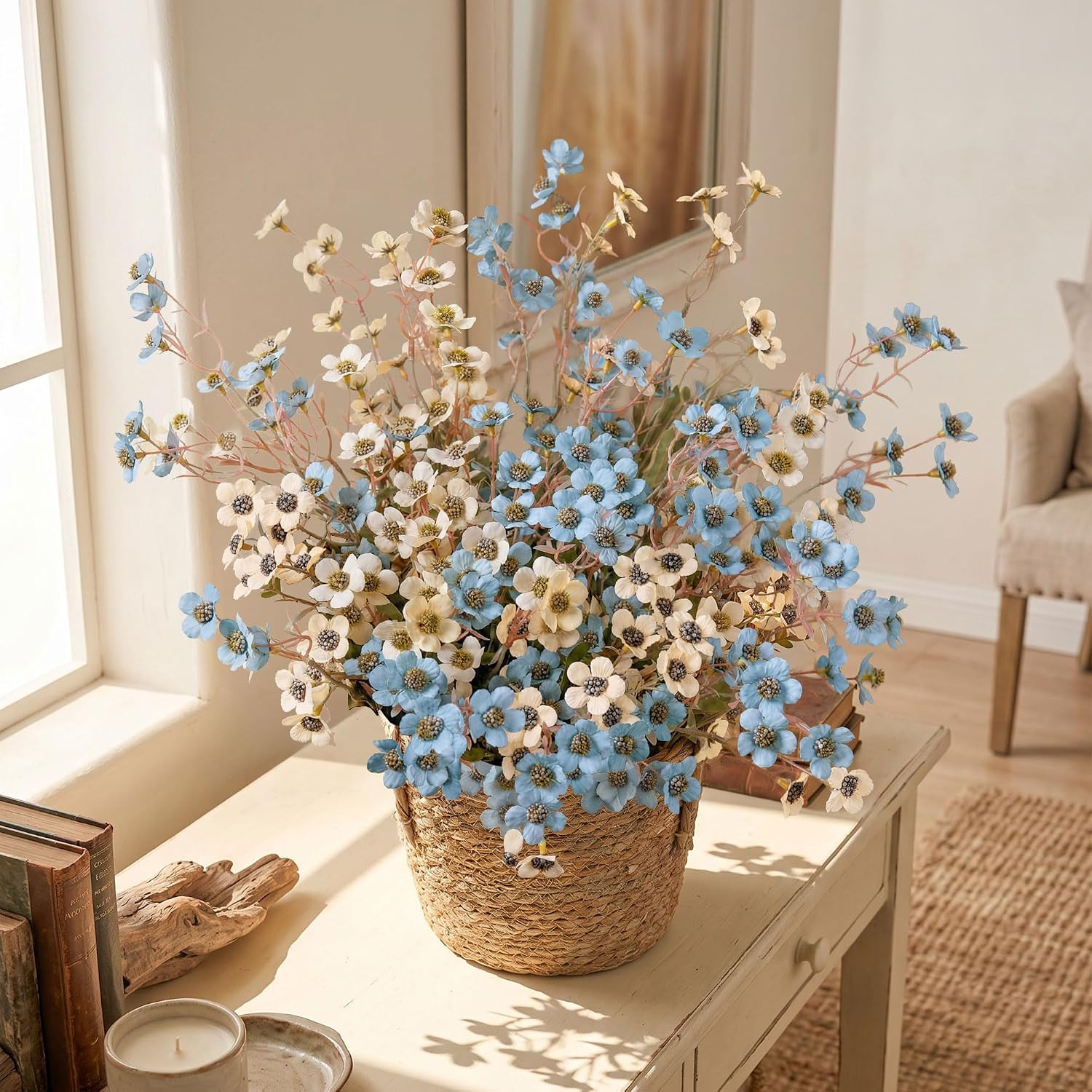 12 Pcs Artificial Wild Flowers – Blue Ivory Silk Faux Floral Decor for Home
