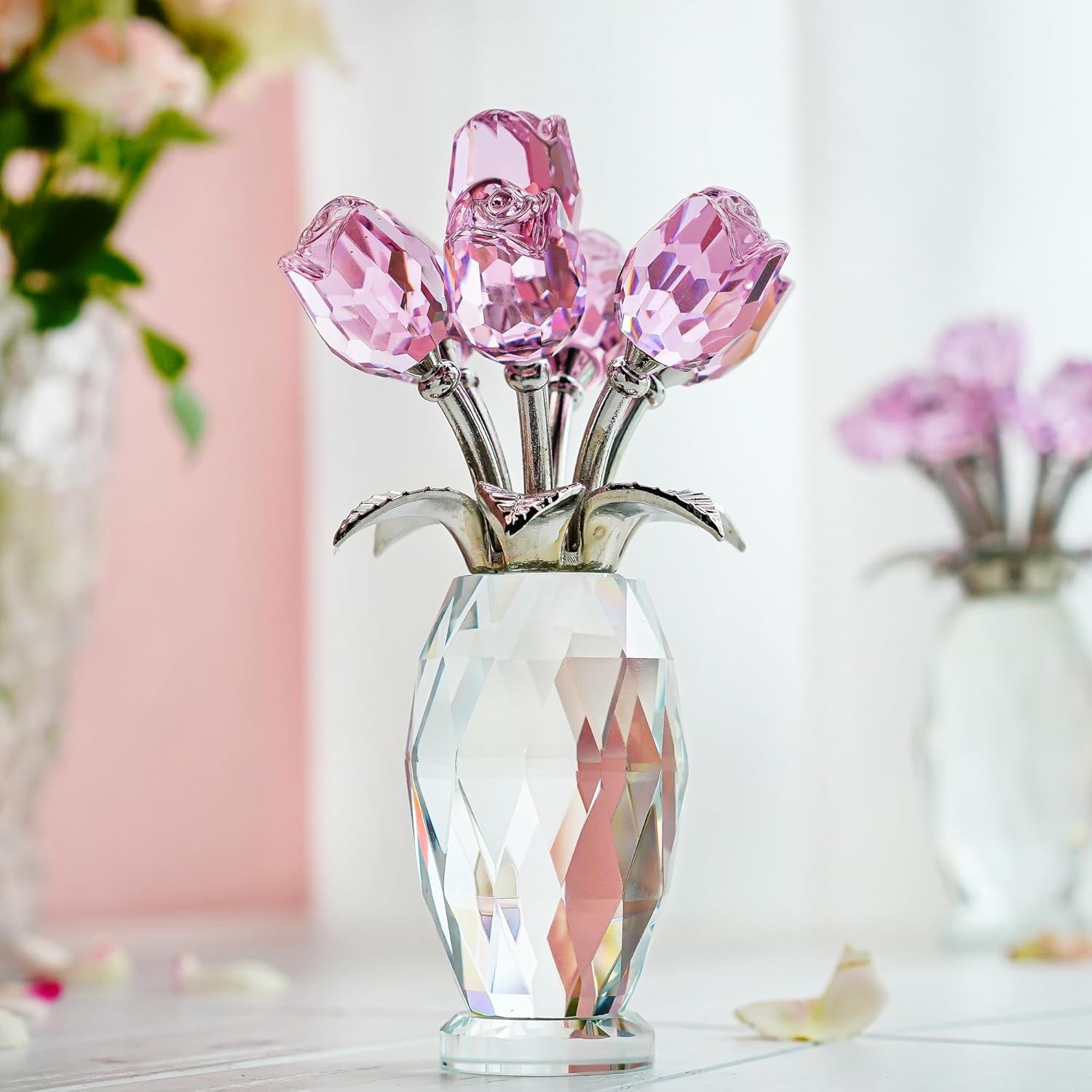 Pink Crystal Rose Bouquet Figurine,Handmade Rose Flower Gifts for Mom Gifts