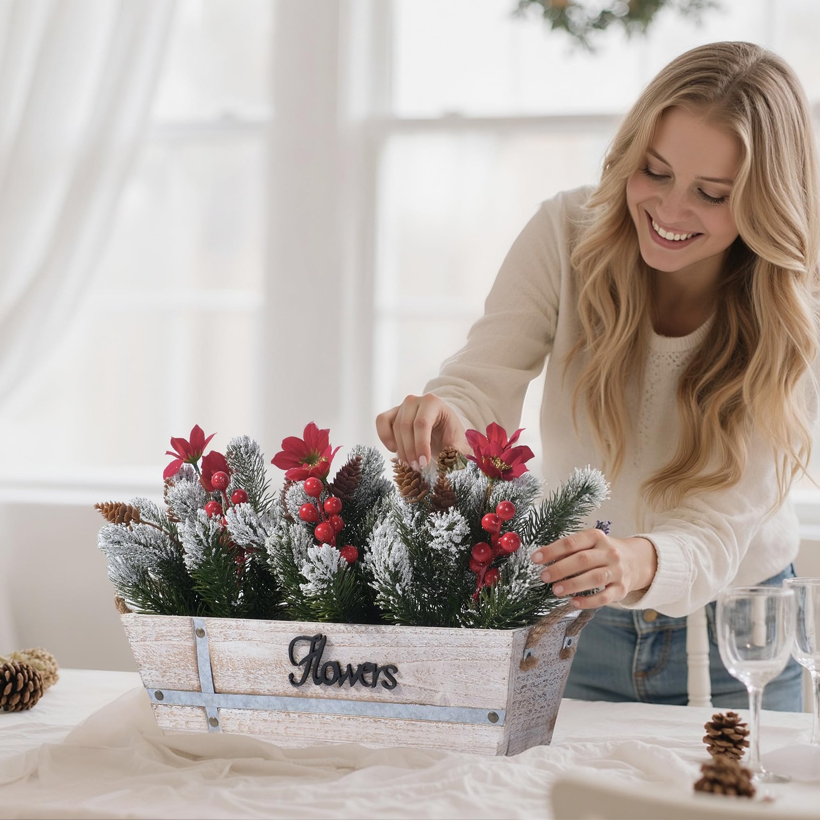 Artificial Christmas Centerpiece with Snowy Norfolk Pine Garland, Poinsettias…