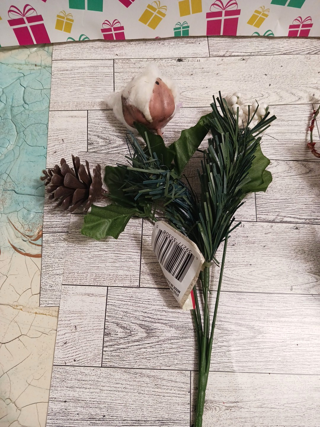 Cotton buds, pine cones, holly berry. Beautiful winter fall flower bouquets