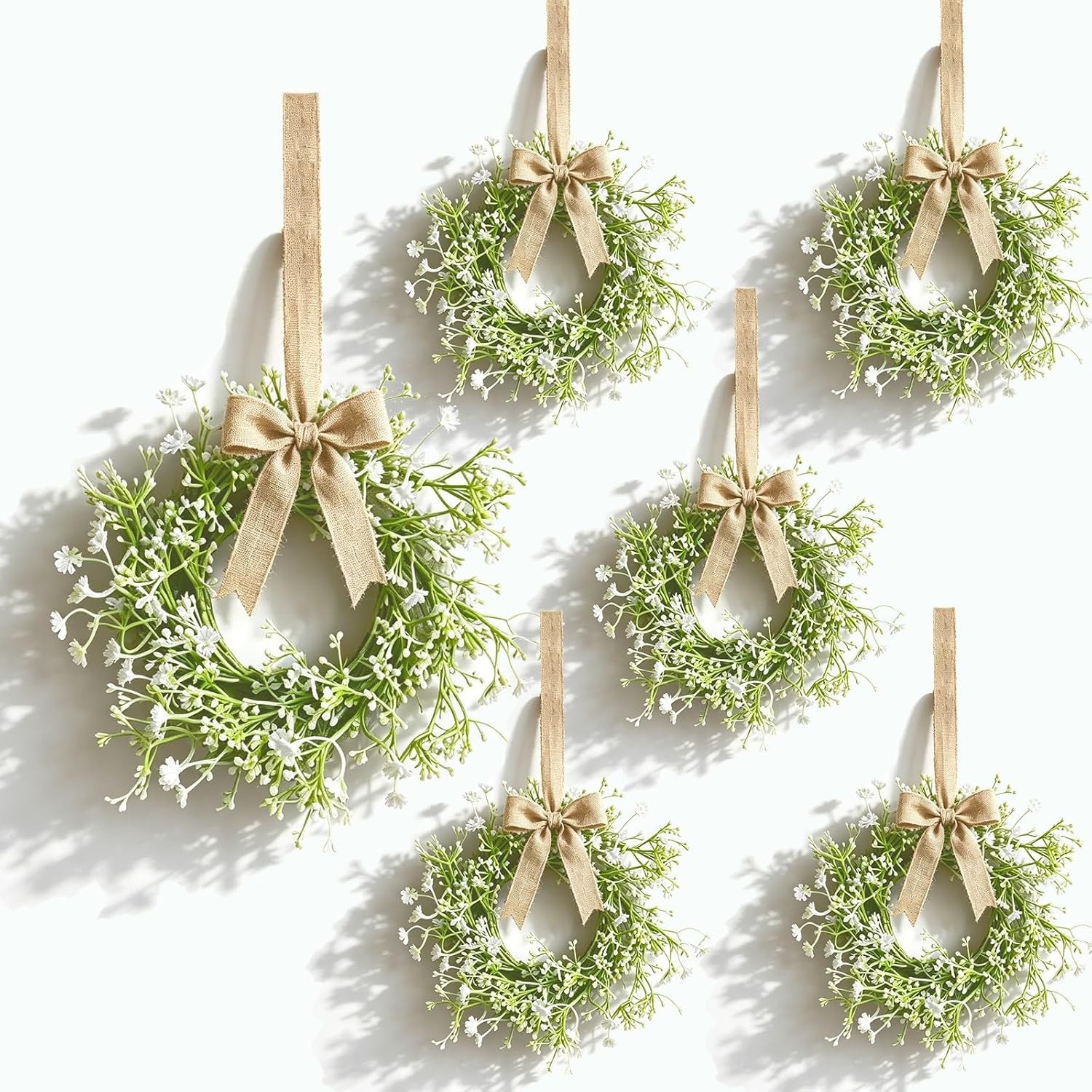6 Pcs Mini Baby Breath Hanging Wreaths Gypsophila Candle Rings Pillar Holder