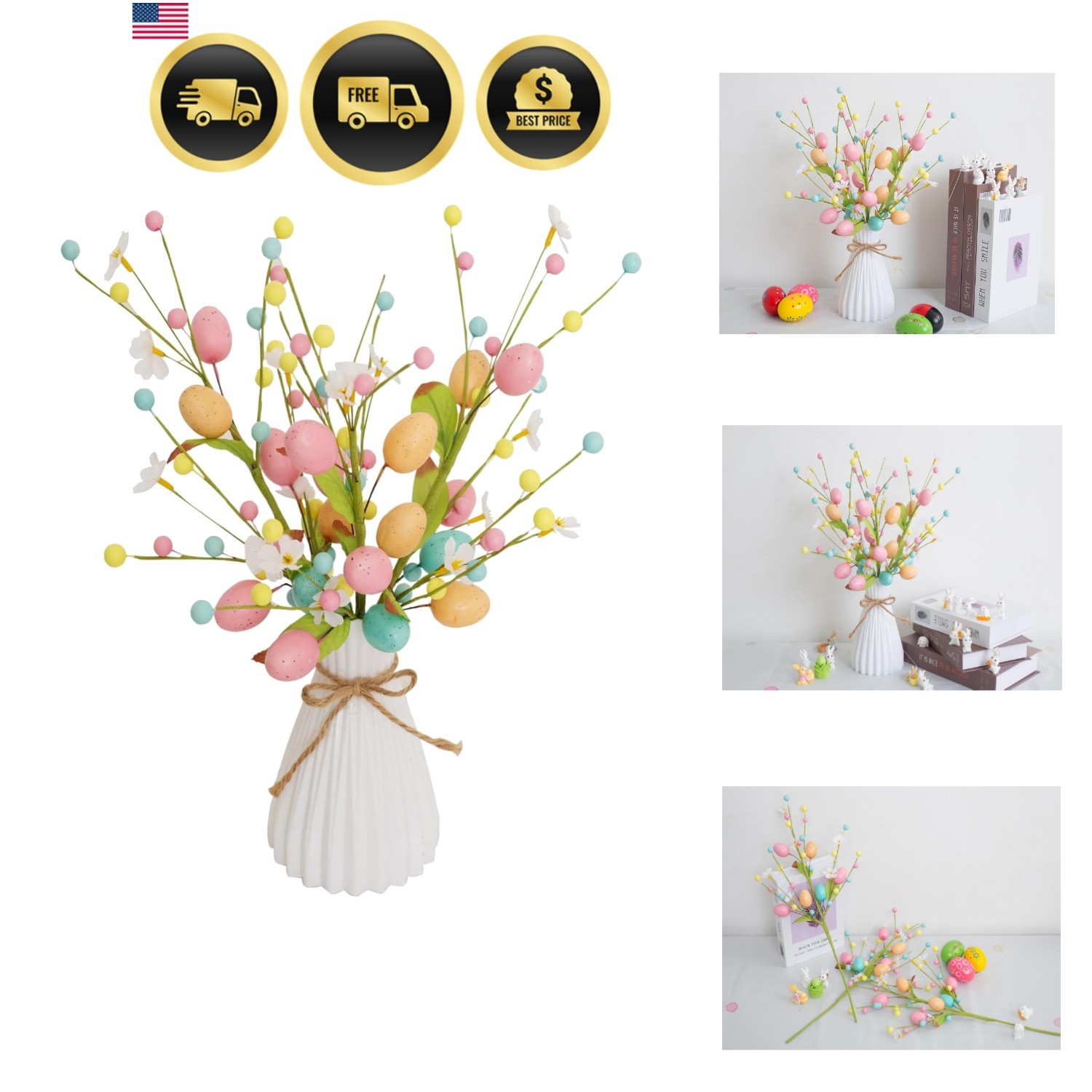 Artificial Easter Stems Spring Berry Picks with Eggs and Colorful Berries Lea…