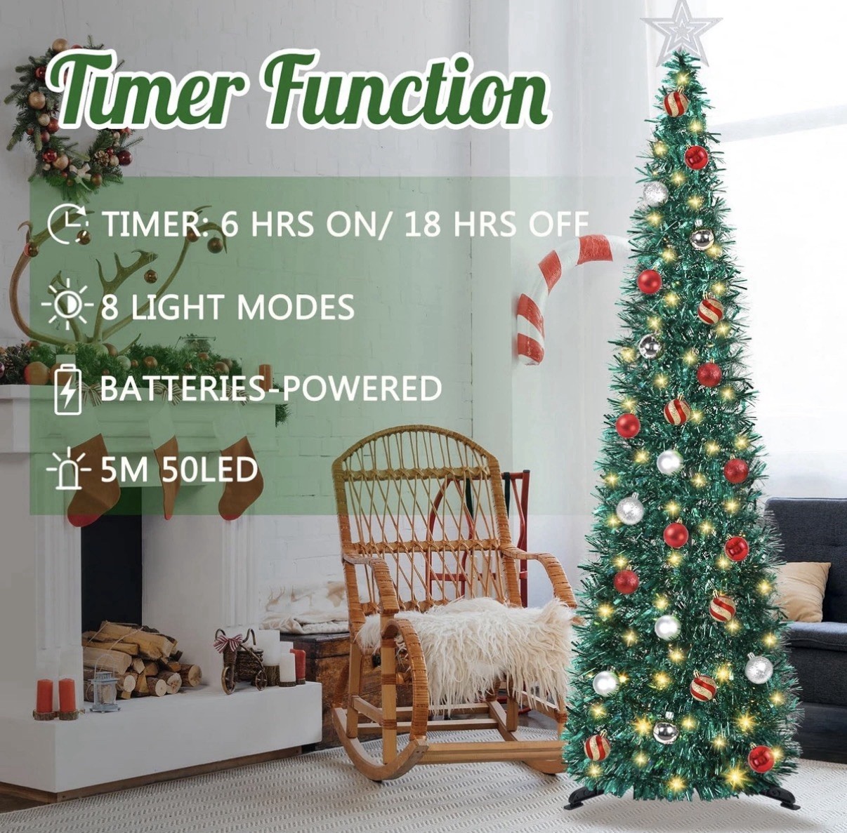 5 FT Pop Up Christmas Tree with Timer Lights and Decorations, Green Tinsel New