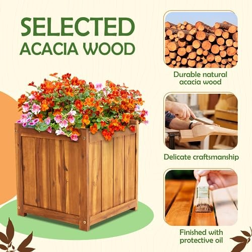 Hardwood Outdoor Flower Box, Durable Acacia Wood Flower Boxes Square Natural