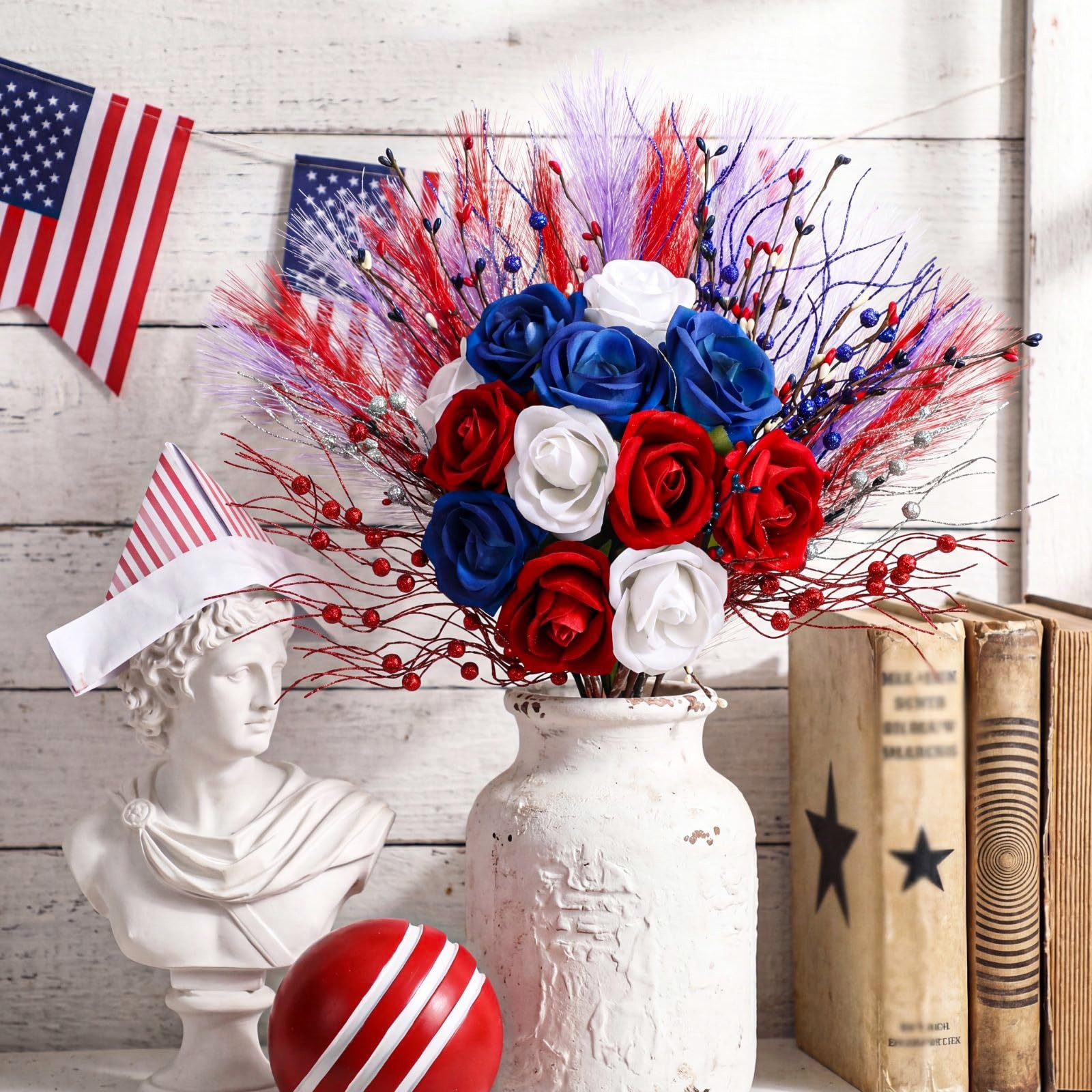 30pcs Patriotic Artificial Flower, Red White Blue Faux Roses with Star Picks …