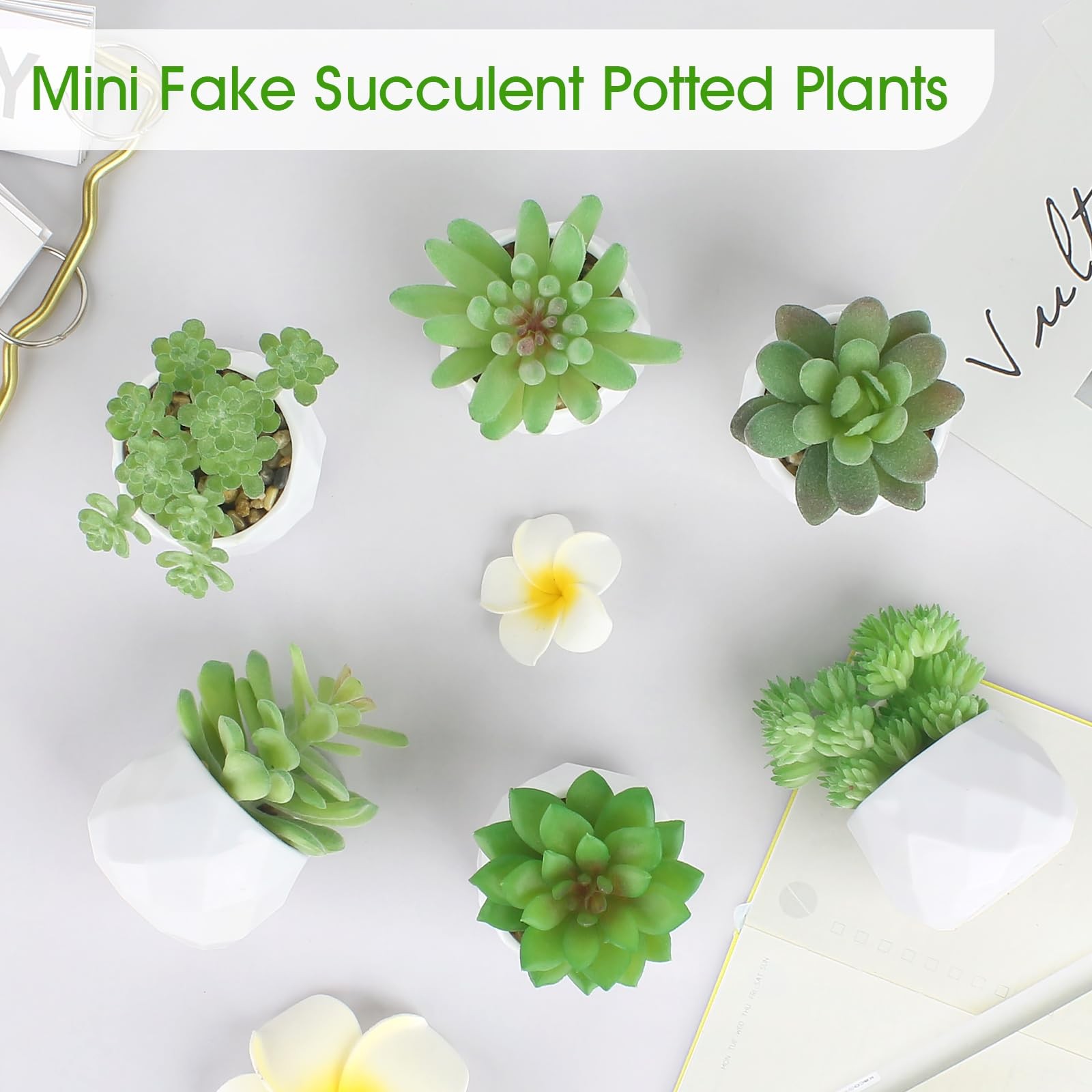 6 PCS Green Fake Succulent Plant Set Artificial Desk Realistic Faux Pots Mini