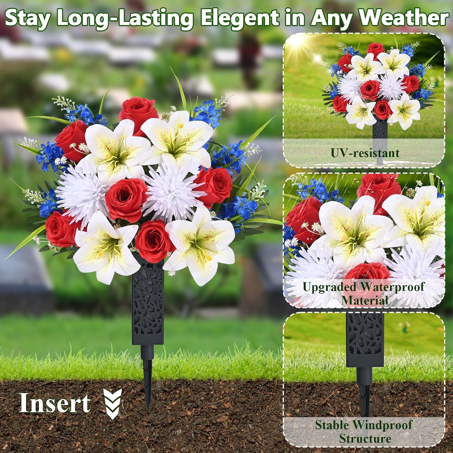 2 Sets Artificial Cemetery Flowers for Grave, Artificial Grave Flowers Memorial