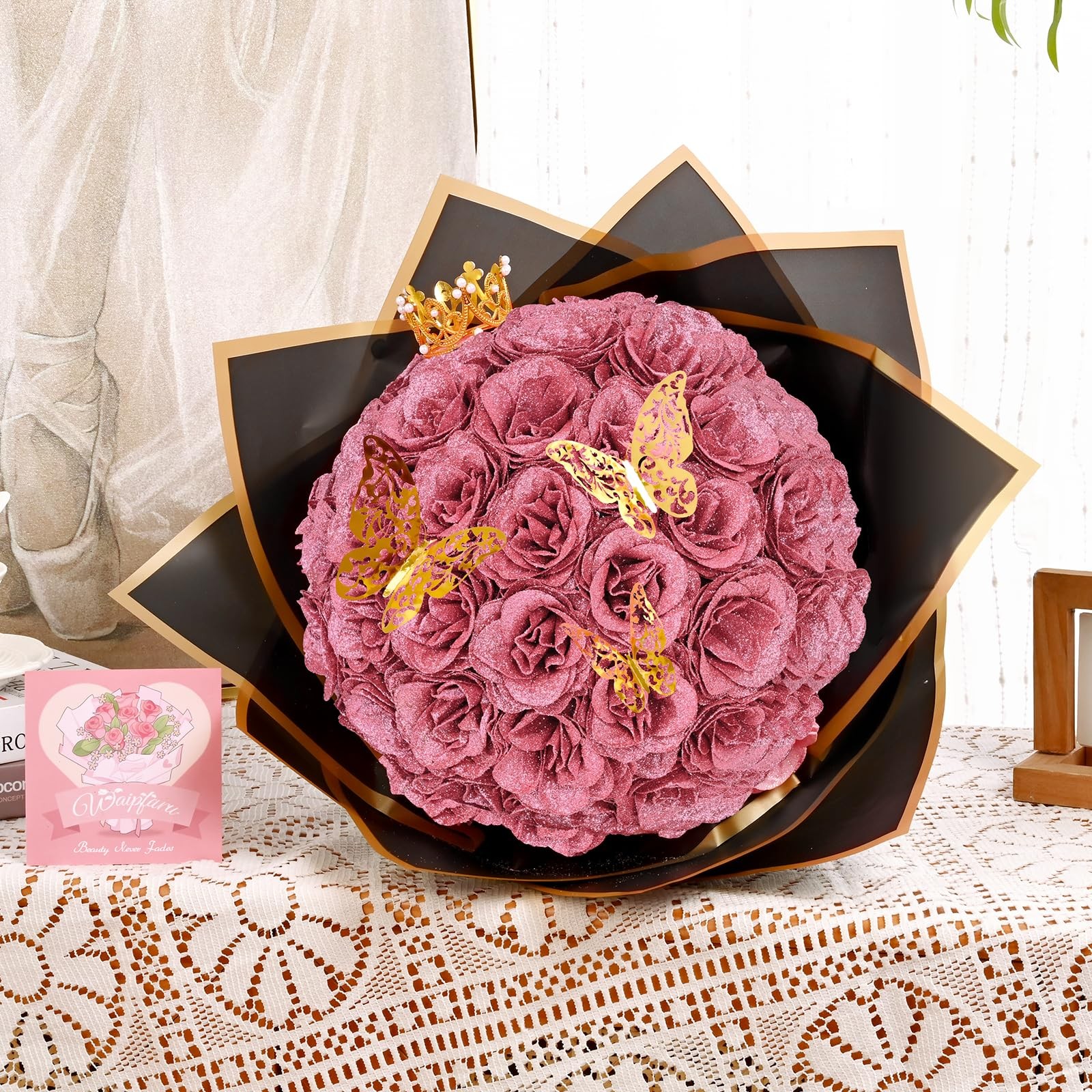 36 PCS Rose Gold Glitter Roses Bouquet DIY Flowers Gift For Women Mom