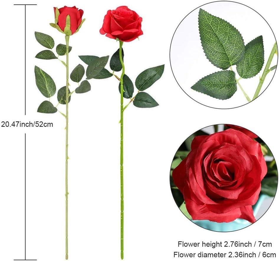Realistic Red Roses 12PCS Silk Flowers with Bendable Stems for Home Decoration