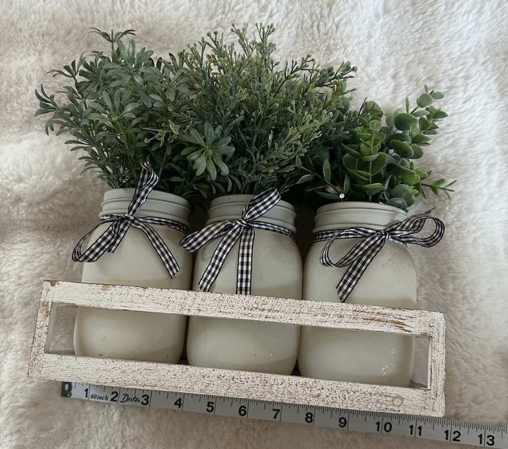 Artificial Eucalyptus Arrangement in White Mason Jars with Ribbon on Wooden Tray