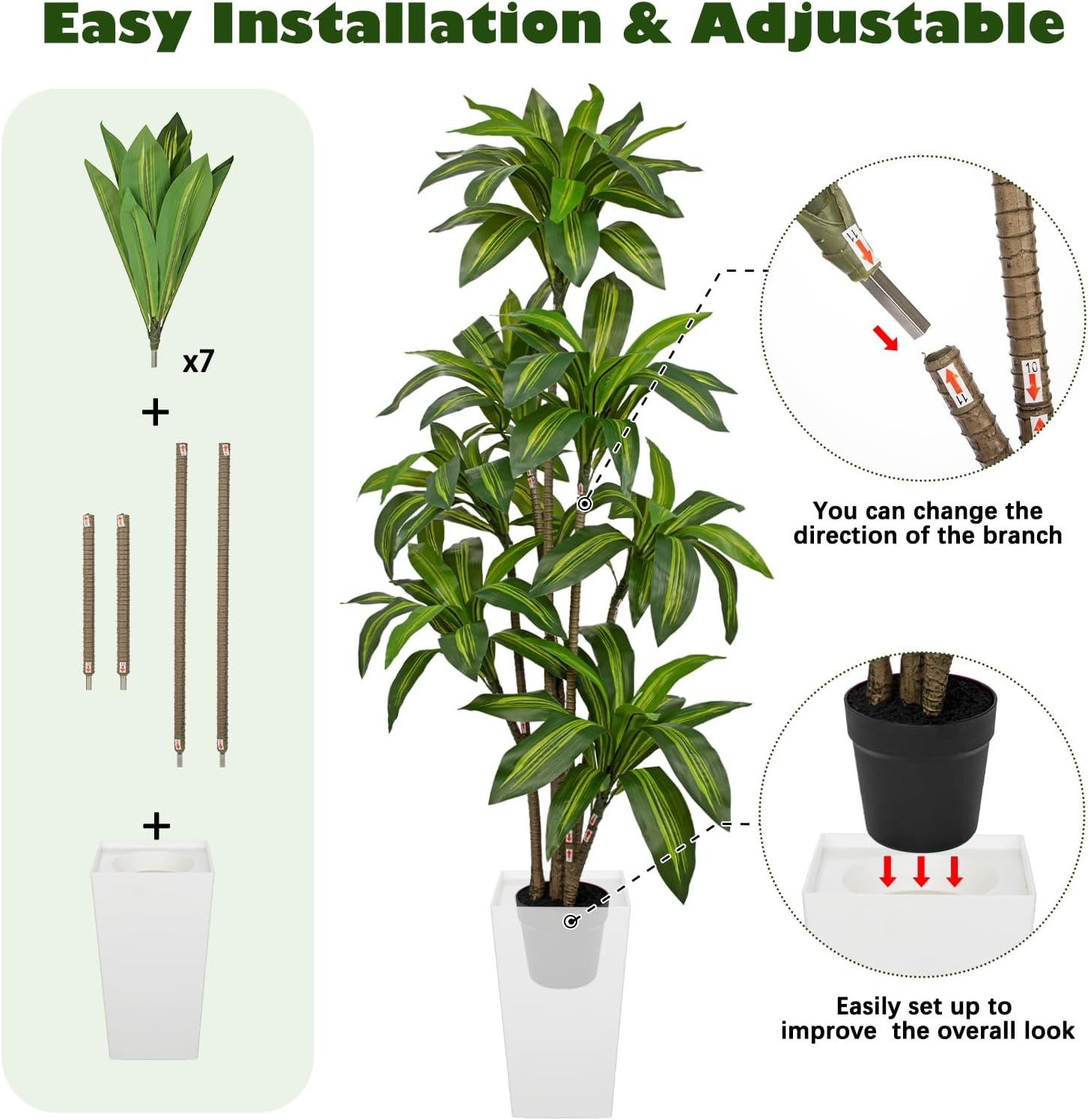 6FT Lifelike Artificial Dracaena Tree in White Pot for Home & Office Décor