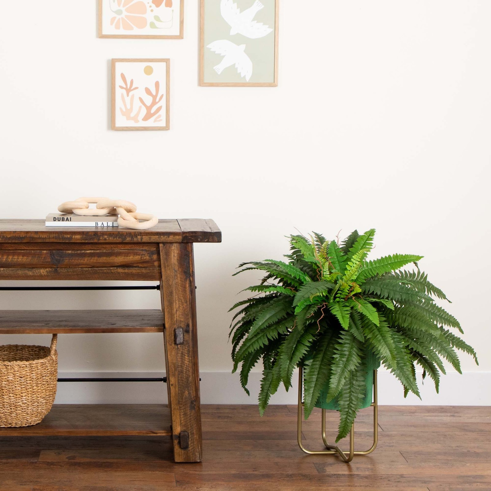 Nearly Natural 35″ Artificial Boston Fern in Brass Metal Planter with Stand