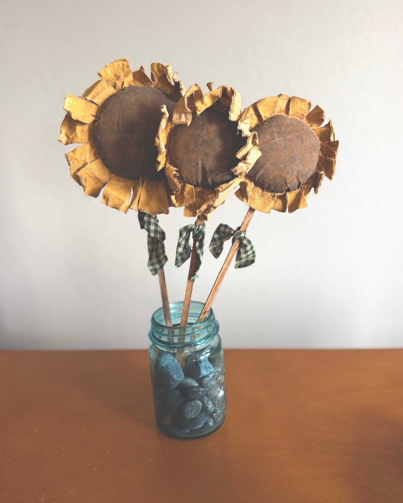 Set of 3 Primitive Handmade Fabric Sunflower Crock Pokes Fall Arrangements 17″