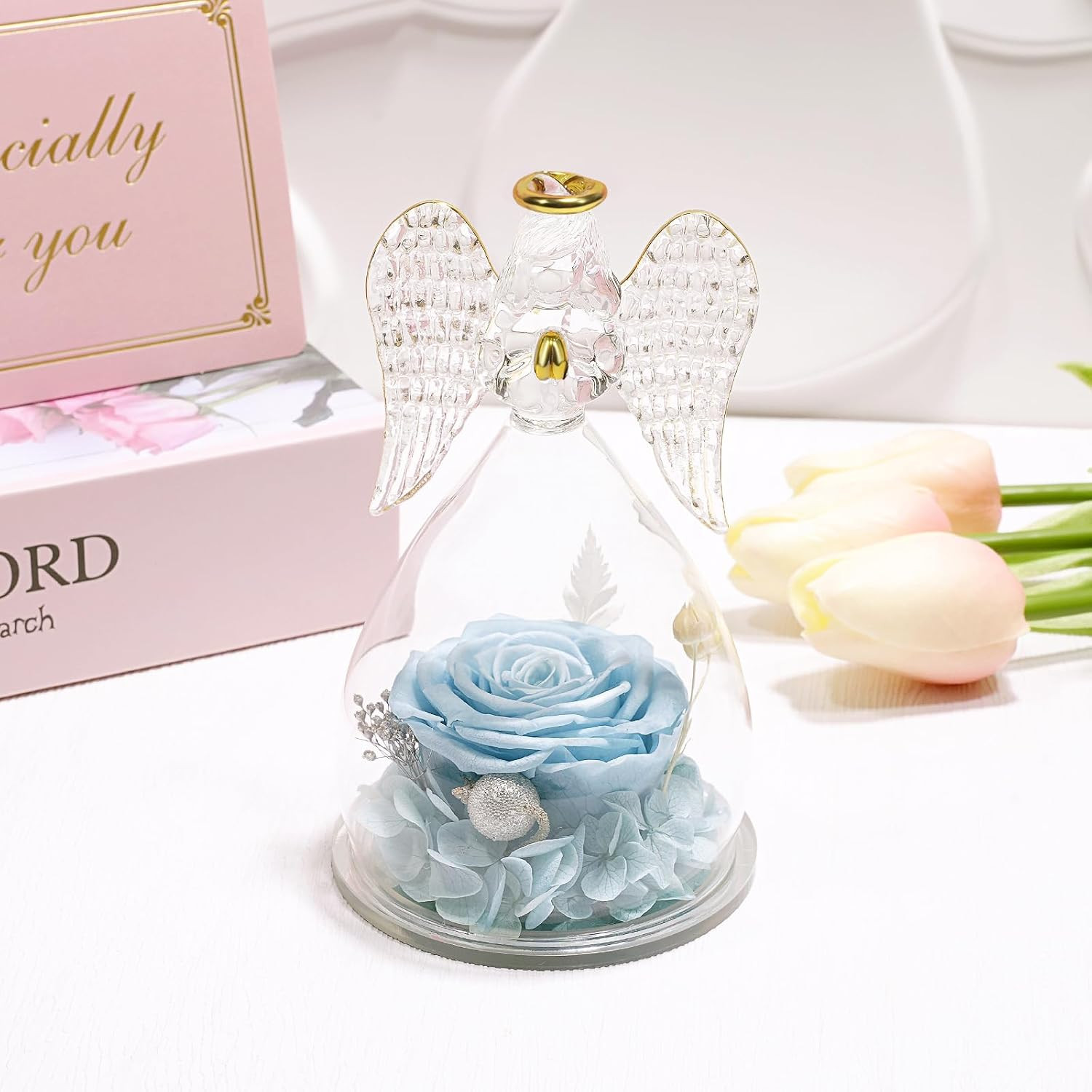 Yamonic Mom Birthday Gifts for Mom, Glass Angel Figurines Forever Real Rose Gift
