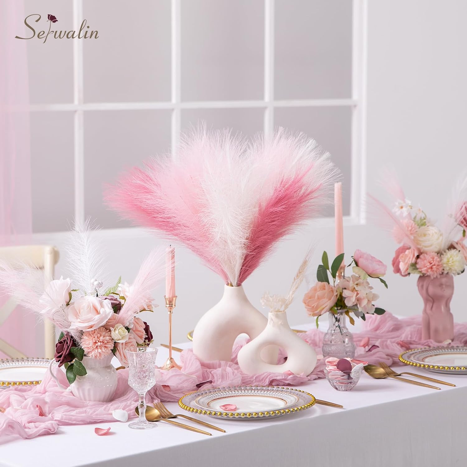 Pampas Grass Pink Decor 17.7 Inch 6pcs, Faux Pampas Grass Home Decor, Artificial