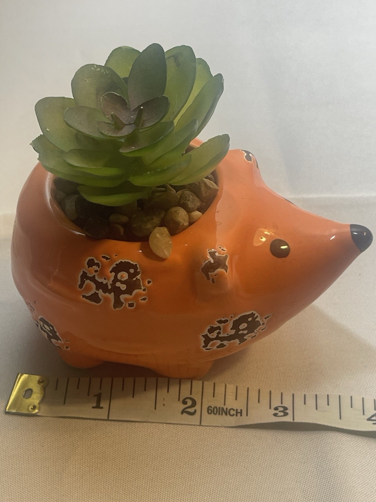 Orange Rustic Hedgehog with Faux Succulent Plant And Glued Pebbles 4x3x 3.5”