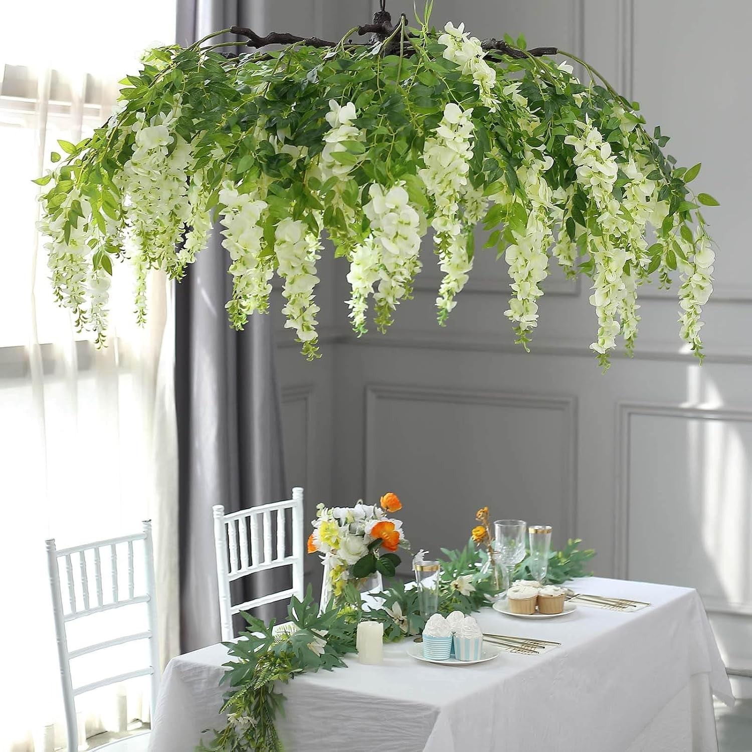 55″ Cream Artificial Silk Wisteria Vine Round Hanging Canopy Draping Garland