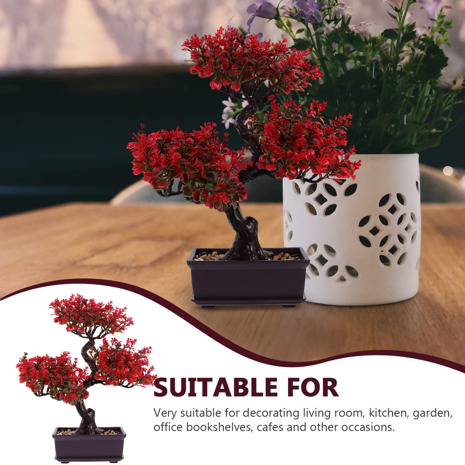 Home Decor Artificial Bonsai Tree Red Small Fake Plants Decor Indoor Faux Pot…