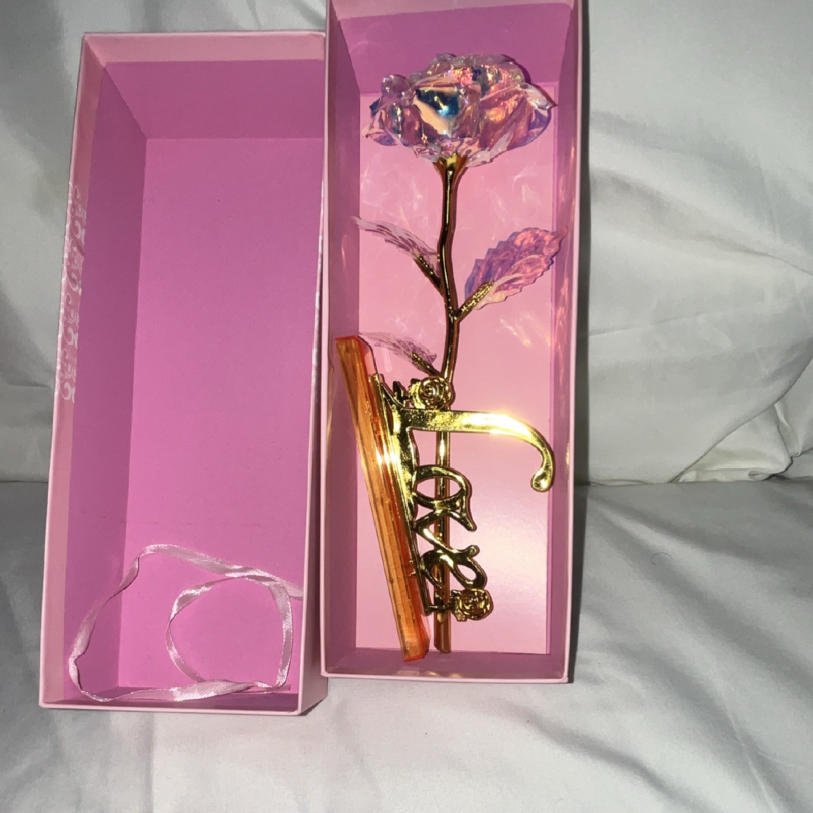24K Golden Rose Artificial Metal Flower Stem with ‘Love’ Stand in Pink Gift Box