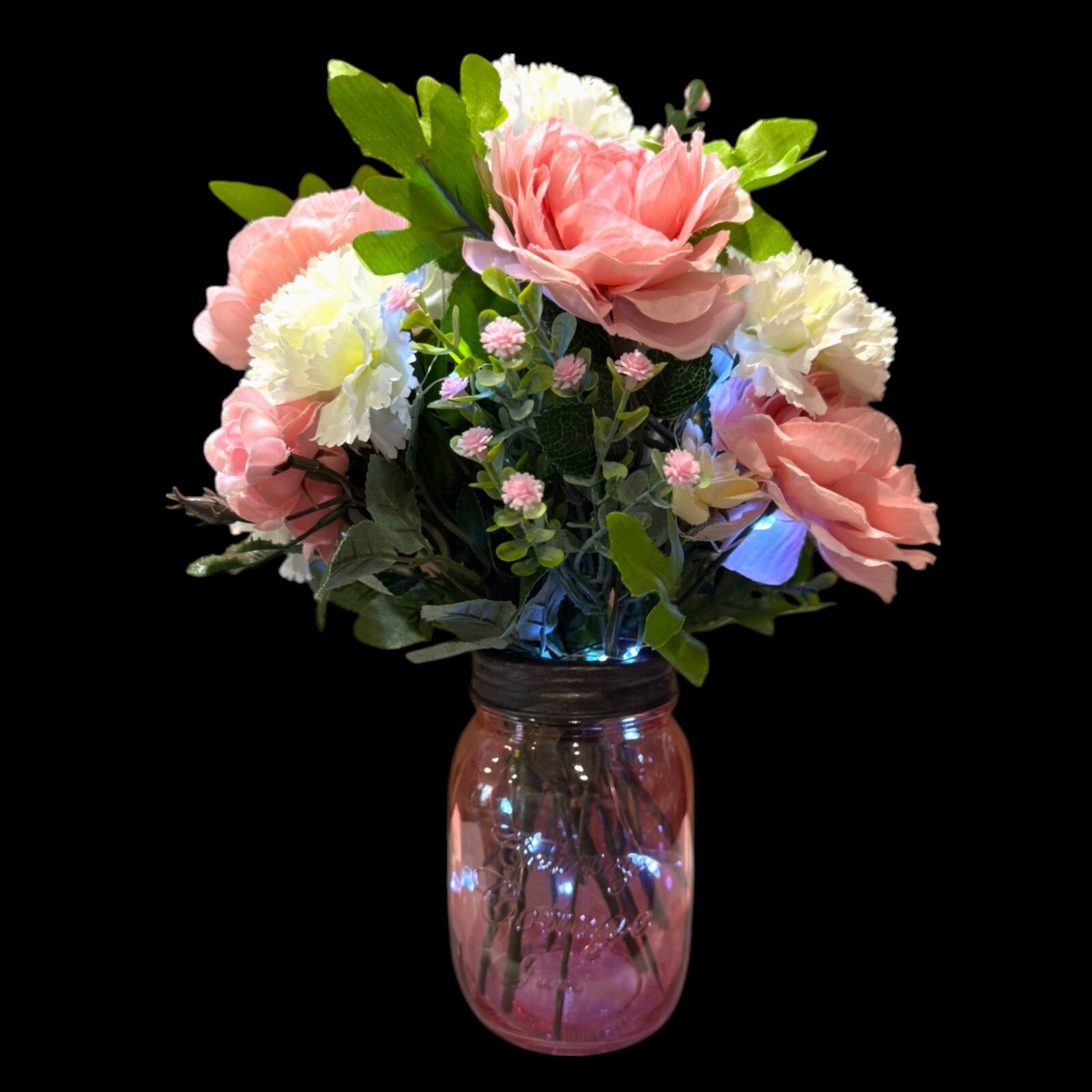 Pink Rose Carnation LED Lighted Flowers Country Farmhouse Mason Jar Mother’s Day