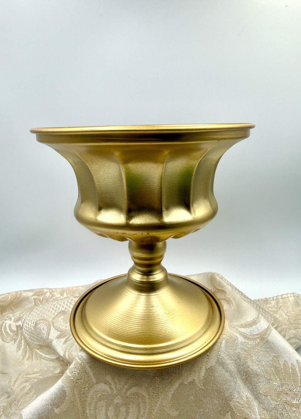Beautiful Compote Bowl 6” Tall Gold Finish Aluminum Pedestal Ribbed