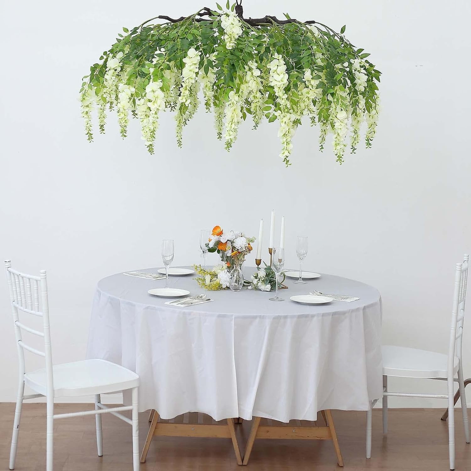 55″ Cream Artificial Silk Wisteria Vine Round Hanging Canopy Draping Garland