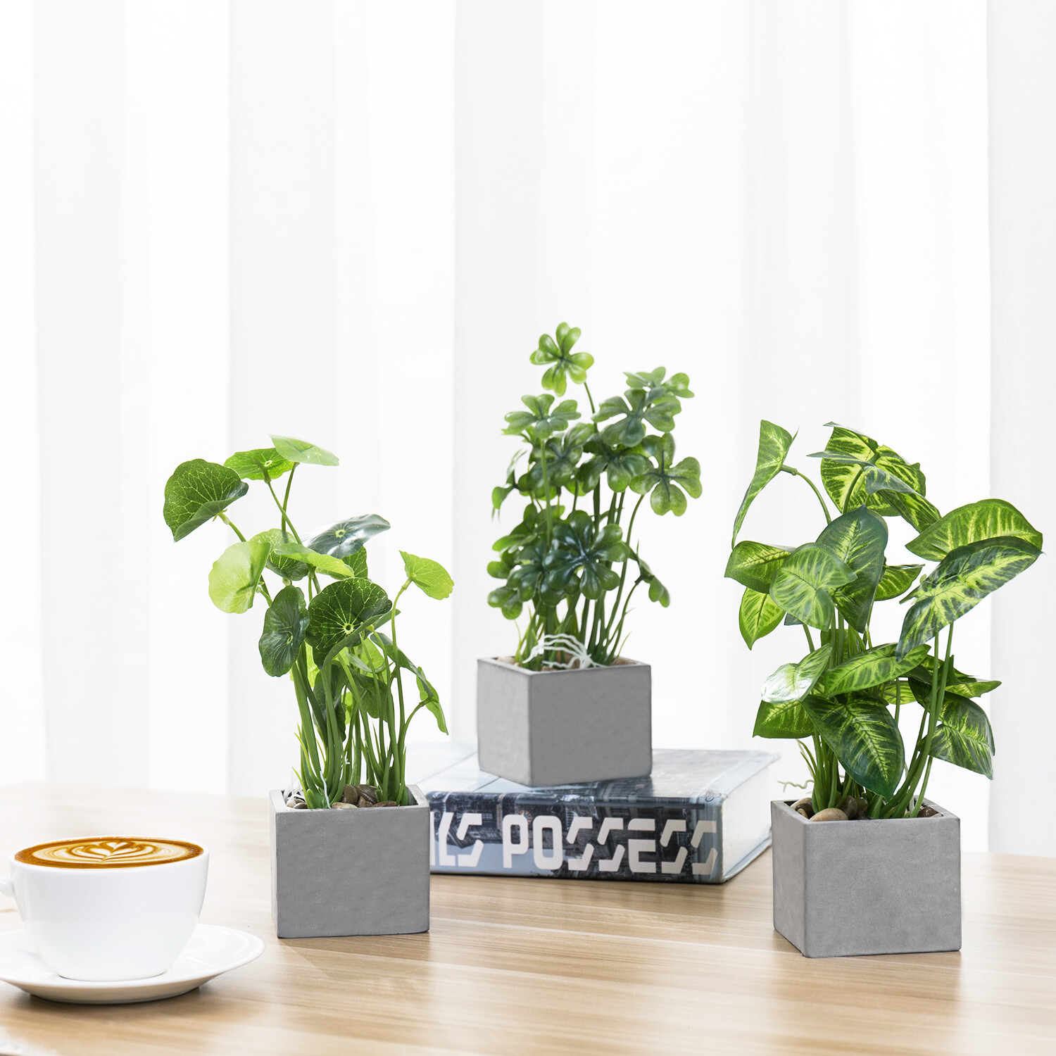 MyGift Set of 3 Artificial Faux Greenery Plants in Gray Square Cement Planters