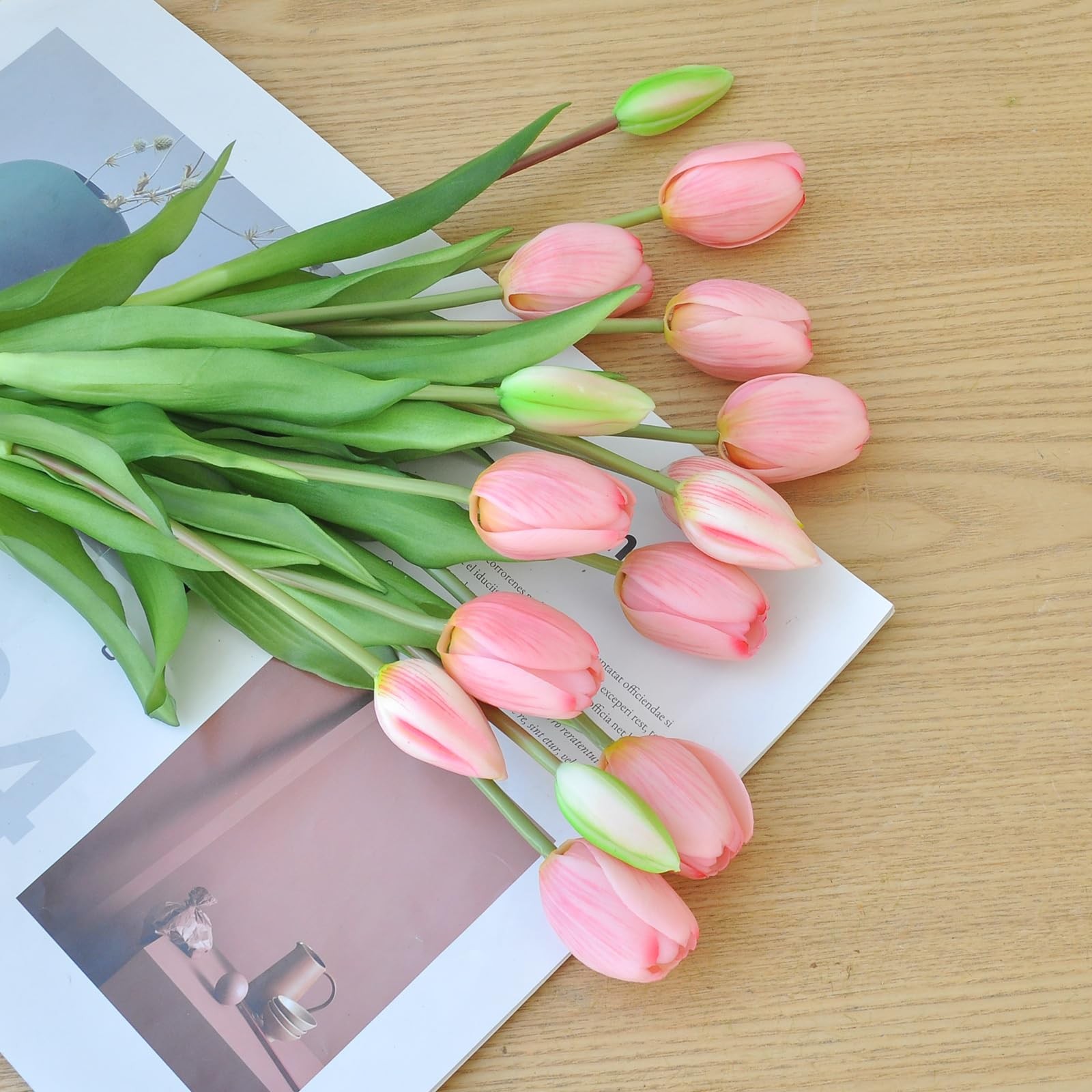 15 PCS Artificial Tulip Flowers Real Touch Latex Fake Bouquets Pink Decor