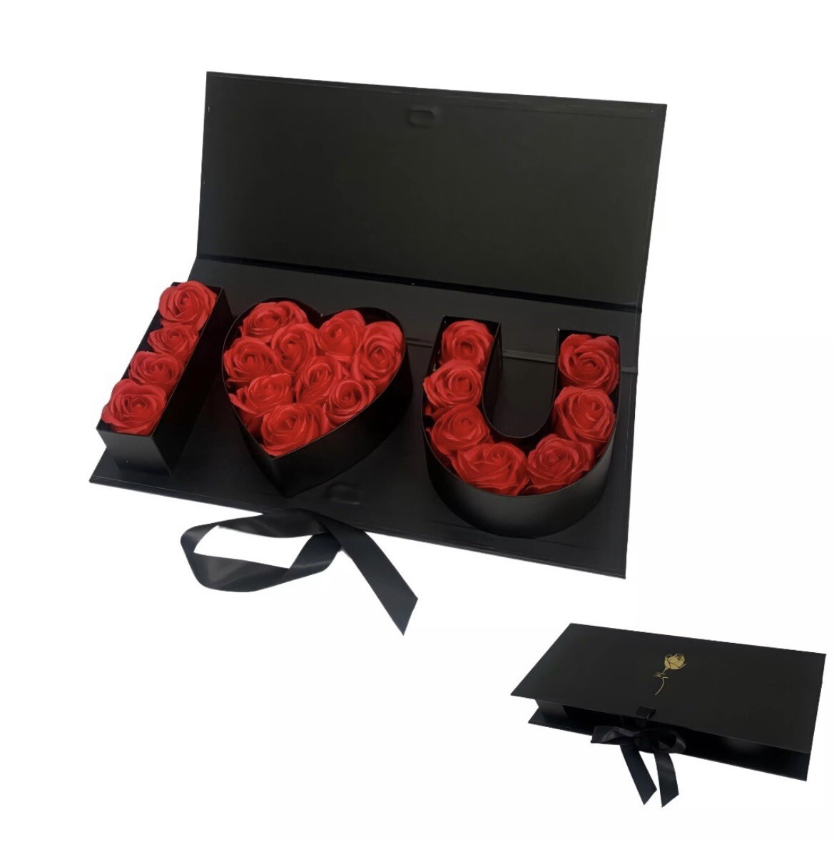 I Heart U Flower Box Preserved Roses Real Rose Lasts Up to 3-5 yrs Red/Black Box